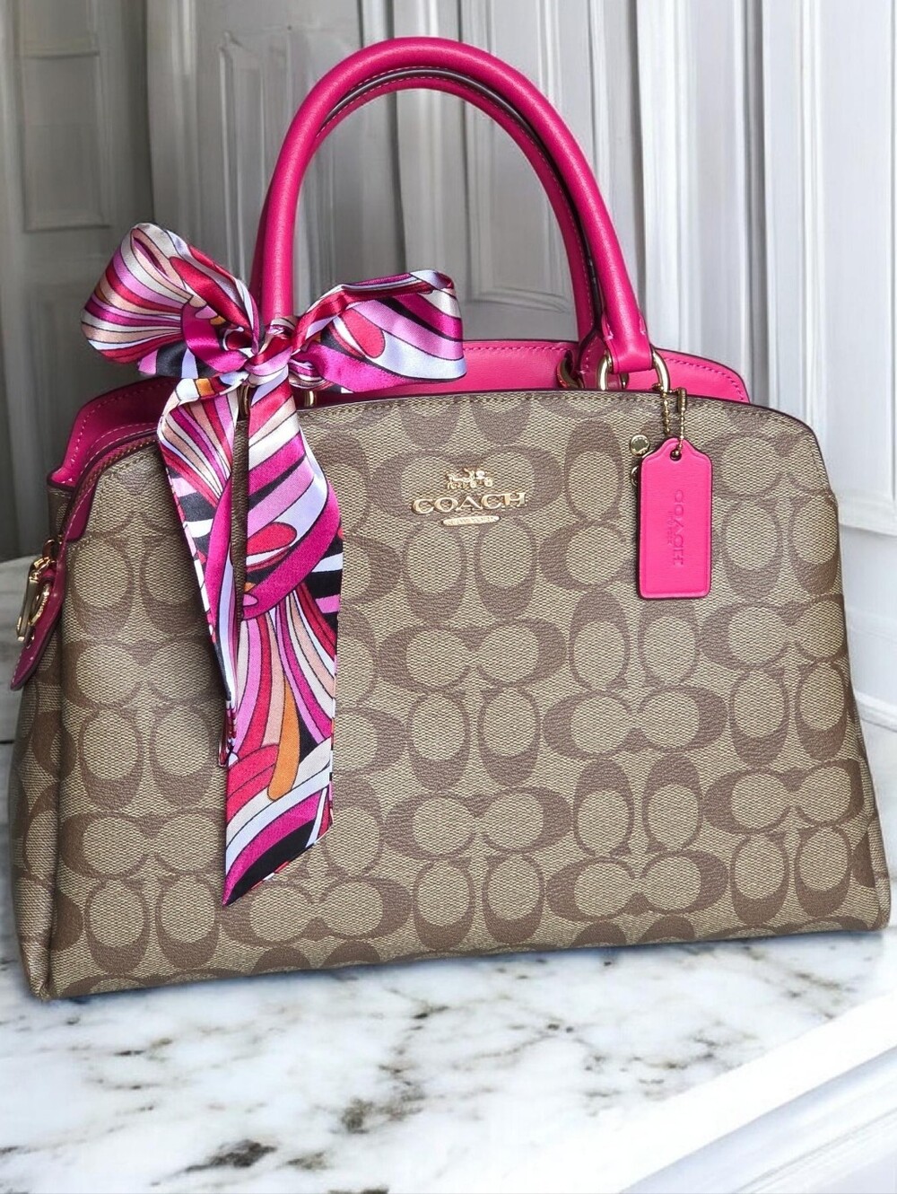 Coach Signature Lillie Caryall in Brown & Tan Canvas W/ Pink Handle & Interior